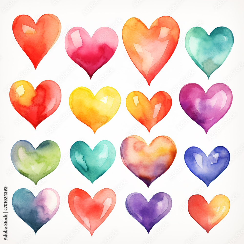 Watercolor clip art of colorful hearts on white background. Generative AI