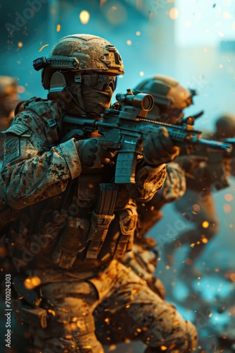 A man dressed in camouflage clothing is holding a rifle on a busy city street. This image can be used to depict urban warfare or military operations in an urban environment