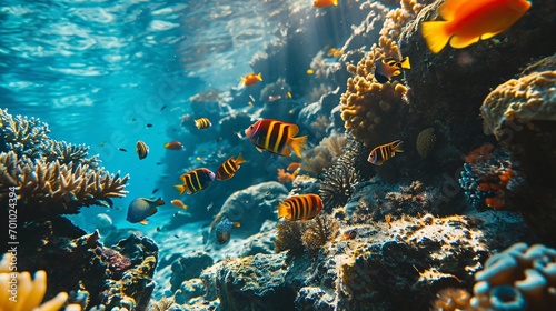 Vibrant marine life in a tropical coral reef  perfect for snorkeling and diving in the underwater world of an aquarium.