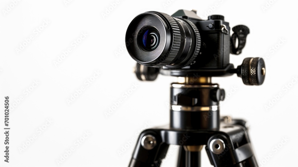 A close up of a camera on a tripod. Perfect for photography enthusiasts and professionals.