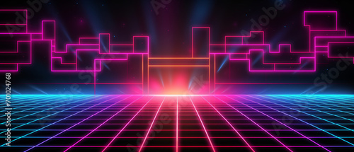 Neon lines glow on a grid, evoking retro 80s nostalgia, perfect for a throwback aesthetic. photo