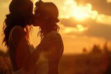 Eternal Love: Lesbian Brides Share a Tender Kiss Under a Beautiful Sunset, the Sky Painted in Warm and Vibrant Orange Hues - A Captivating Moment of Romance.

