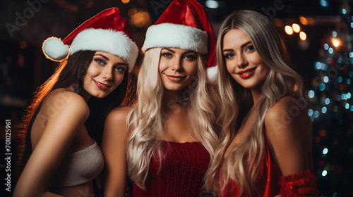 three beautiful women celebrate the new year. Happy charming women in Santa Claus hats