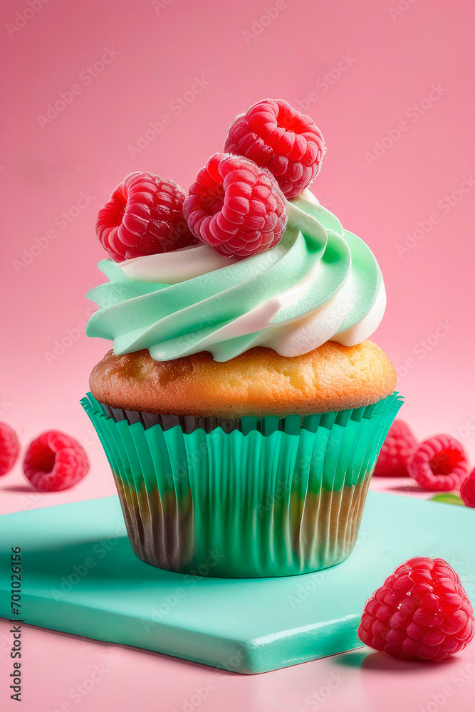 Delicious cupcake with vanilla cream and raspberry.