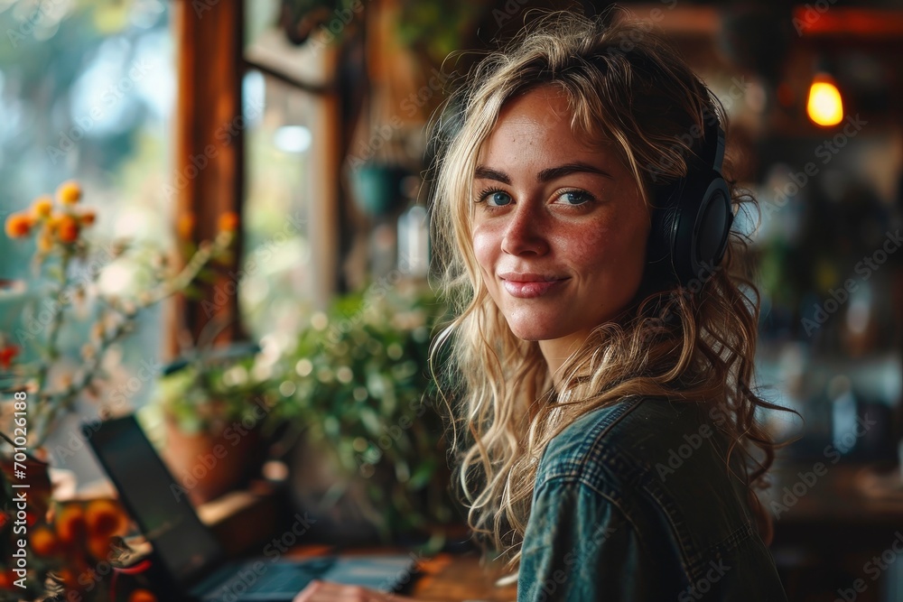 Brunette Woman Working as Call Center Agent at Home or Cafe Brunette Woman Working as Call Center Agent at Home or Cafe