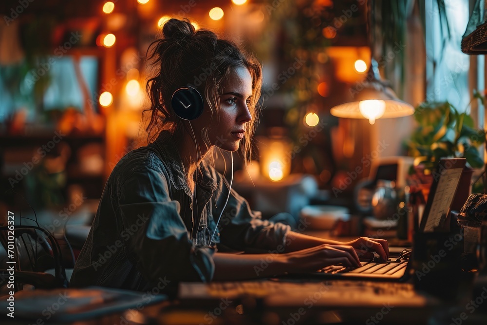 Beautiful Woman Conducting an Online Meeting with a Client at Home or in a Cafe Beautiful Woman Conducting an Online Meeting with a Client at Home or in a Cafe