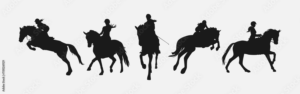 silhouette set of horse and jockey with action, different poses. equestrian sport, dressage, show jumping, horse racing. vector illustration. - obrazy, fototapety, plakaty 