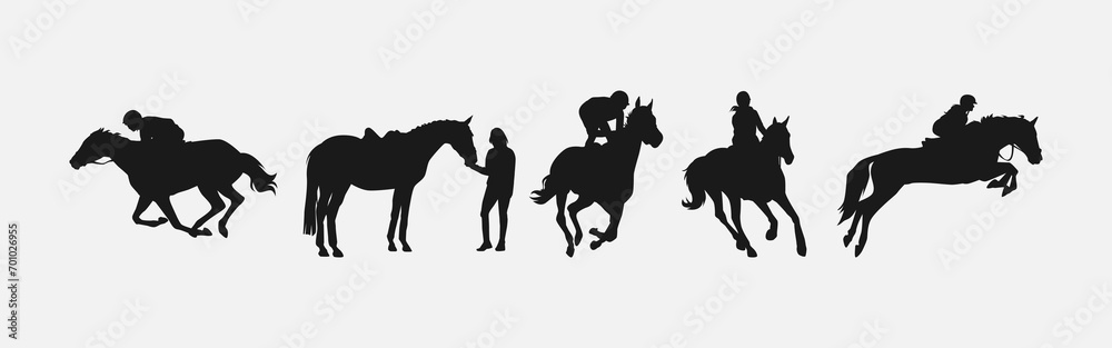 silhouette set of horse and jockey with action, different poses. equestrian sport, dressage, show jumping, horse racing. vector illustration. silhouette set of horse and jockey with action, different poses. equestrian sport, dressage, show jumping, horse racing. vector illustration.