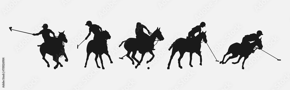 Obraz premium silhouette set of polo player. sport, horse, competition. different action, pose. vector illustration.