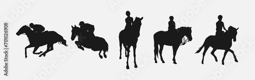 Print op canvas silhouette set of horse and jockey with action, different poses