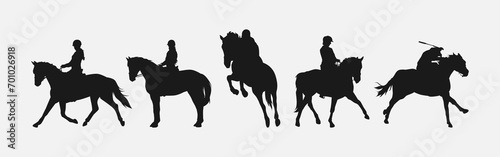 silhouette set of horse and jockey with action, different poses. equestrian sport, dressage, show jumping, horse racing. vector illustration.