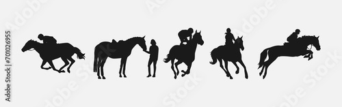 silhouette set of horse and jockey with action, different poses. equestrian sport, dressage, show jumping, horse racing. vector illustration.