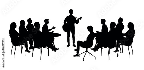 Guitarist performing playing acoustic guitar in front of audience group people vector silhouettes. Guitarist plays classical guitar on stage at concert in club  silhouette.