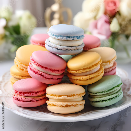 A stack of colorful macarons on a plate