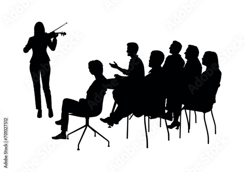 Violinist performs on stage in front of audience sitting on chairs at concert vector silhouettes.