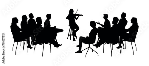Teenage girl playing violin in front of audience vector silhouettes.