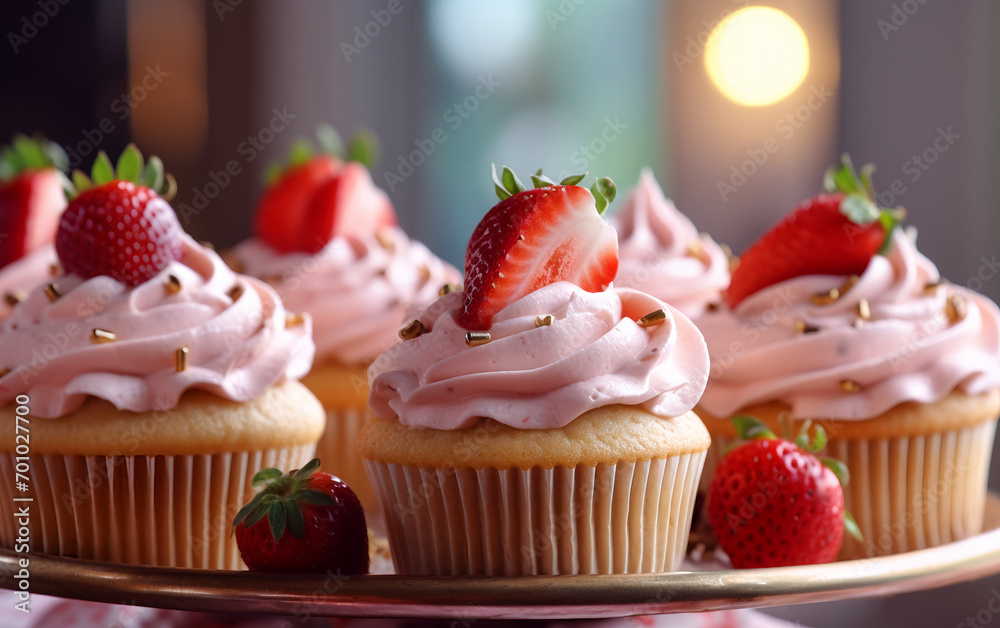 Strawberry cupcakes, Generative AI illustrations Strawberry cupcakes, Generative AI illustrations