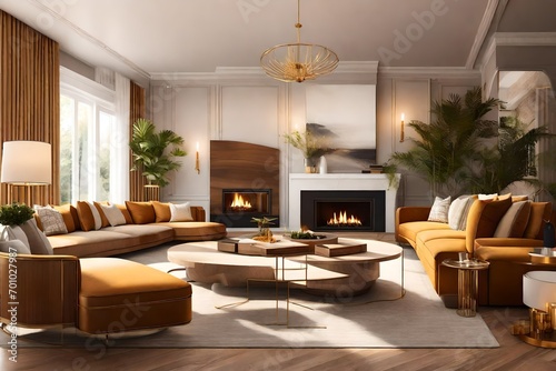 visually stunning digital illustration of a bright living room that brings to life a modern  elegant  and luxurious living room interior design