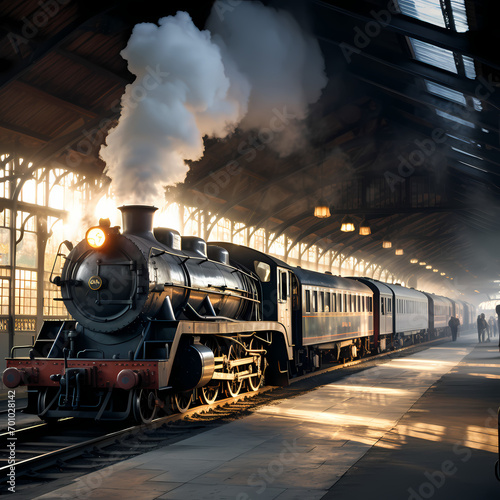 A vintage train station with steam locomotives.