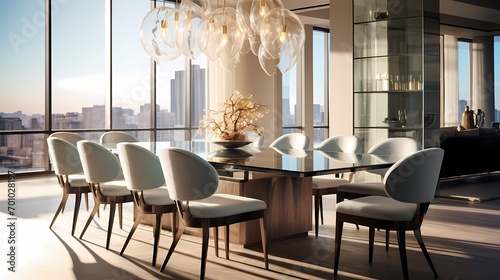 Luxurious modern dining room featuring a custom-designed table  designer chairs  and an abundance of natural light