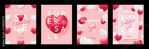 Valentine's day concept poster set. Red, white heart frame background. Copy space. Cute love sale banner template, Voucher, Greeting card. Trendy style. Isolated 3D realistic vector illustration. © DDDART