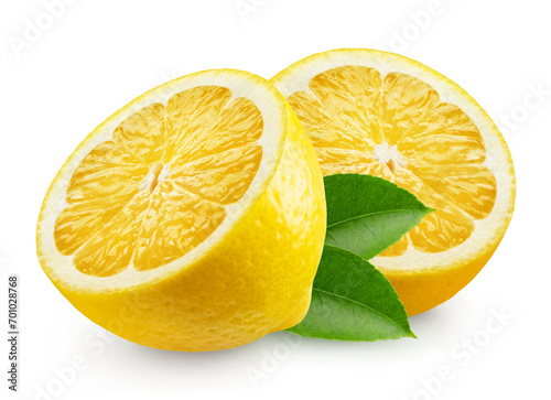 Lemon isolated. Two halves of a ripe lemon with leaves on a transparent background.