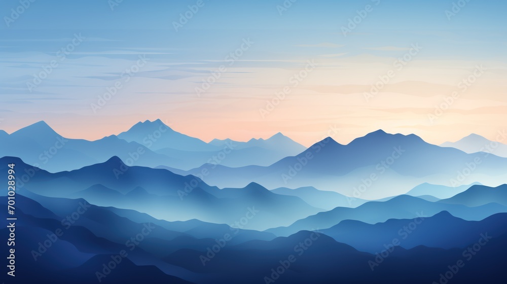 Capturing the essence of a serene dawn, abstract digital landscape presents a range of mountains bathed in the soft light of sunrise, rendered in calming shades of blue and accented by a clear sky