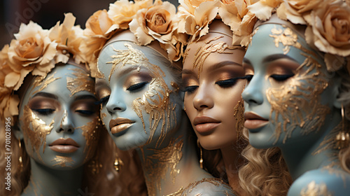 Unique Beauties: Portrait of Women with Blue and Gold Face Paint.