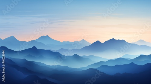 Capturing the essence of a serene dawn, abstract digital landscape presents a range of mountains bathed in the soft light of sunrise, rendered in calming shades of blue and accented by a clear sky © DigitalArt