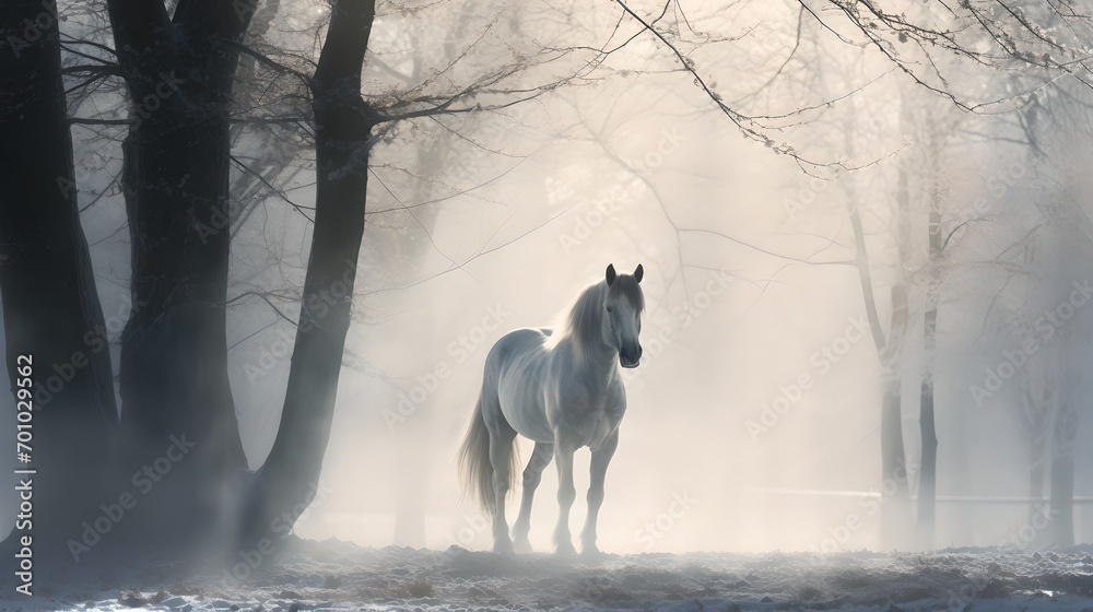 Majestic white horse standing in winter forest glade  - obrazy, fototapety, plakaty 