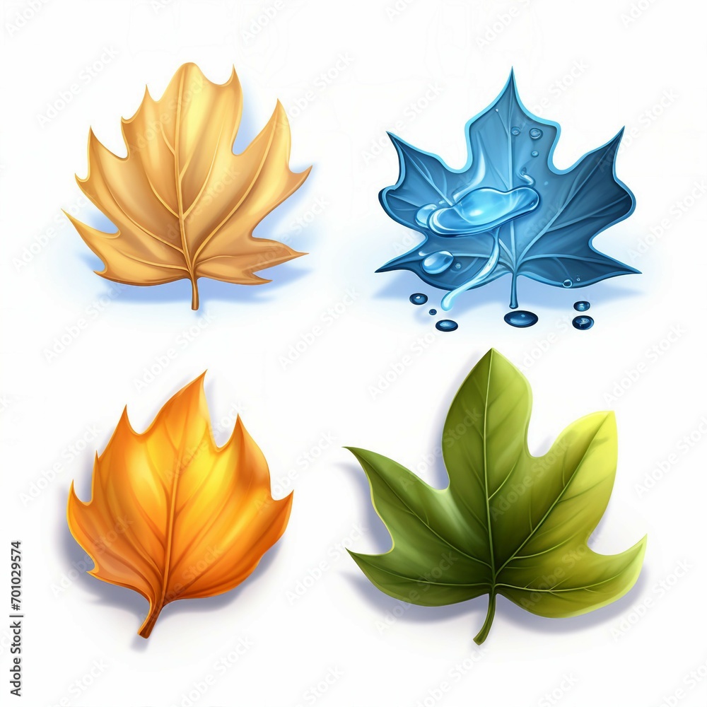 Four Vibrant Leaves on a Clean White Canvas