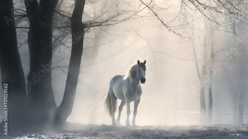 Majestic white horse standing in winter forest glade 