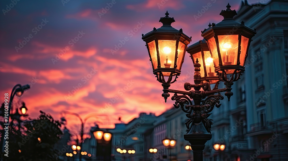 Street lamp post with lights on against vibrant evening red pink sky

