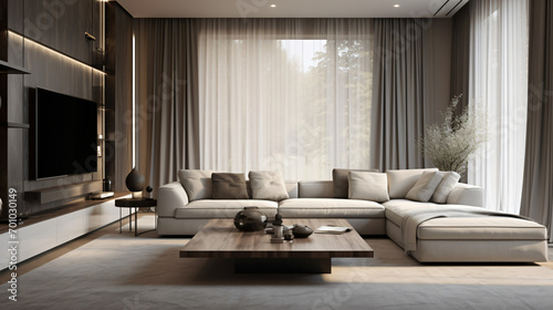 Italian Minimalist Living Room: Elegant Design with TV, Coffee Table, Sofa, Simple Lines, and Sheer Curtains
