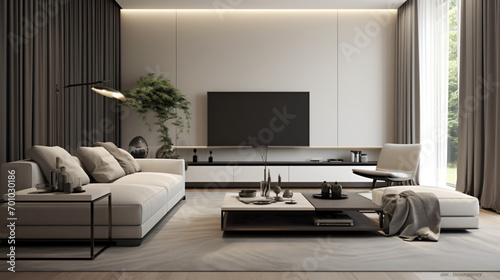 Italian Minimalist Living Room: Elegant Design with TV, Coffee Table, Sofa, Simple Lines, and Sheer Curtains © Nico Vincentini