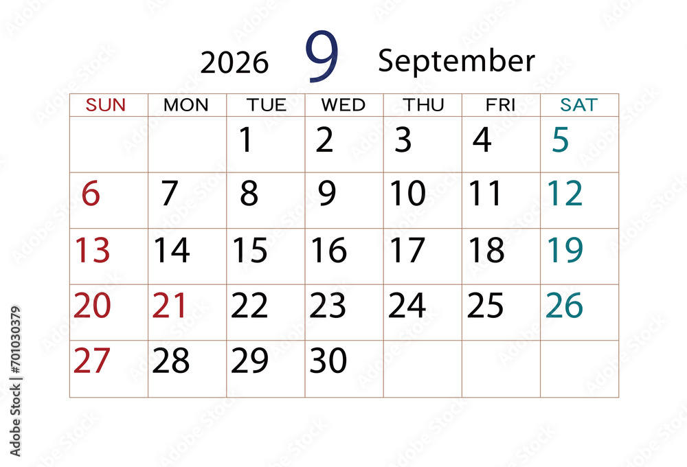 2026年カレンダー9月 2026年カレンダー9月
