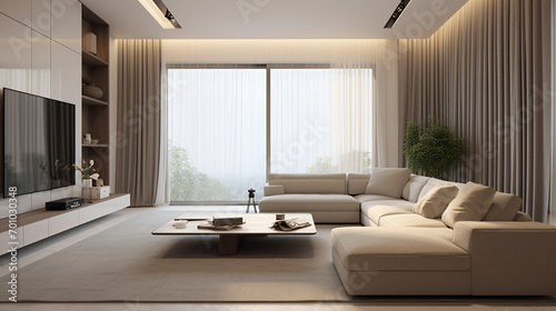 Italian Minimalist Living Room: Elegant Design with TV, Coffee Table, Sofa, Simple Lines, and Sheer Curtains © Nico Vincentini