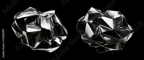 Wrinkled chrome stone shape isolated. Futuristic crumpled aluminium object. Melty silver geometric metallic stone photo