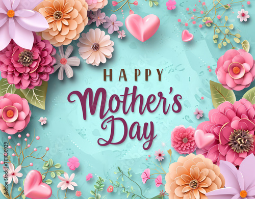 A floral poster for mother's day, flower design on pink and blue background with happy mother day typography text, congratulation mom template, generated by AI. photo