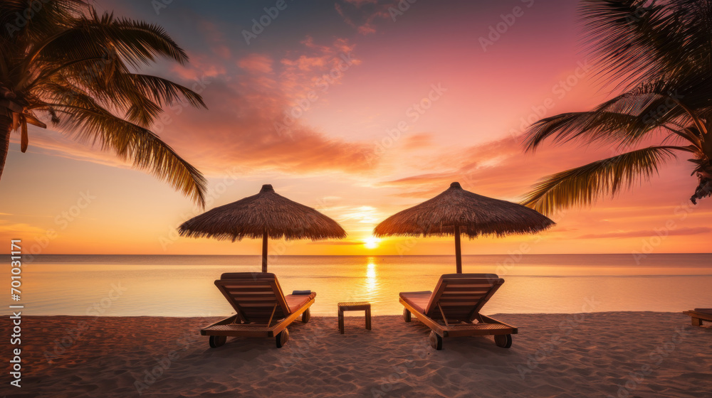 Summer beach landscape. Luxury vacation and holiday concept, summer travel banner. Panoramic landscape of sunset beach, two loungers umbrella, palm leaf, colorful sunset sky for paradise island view.
