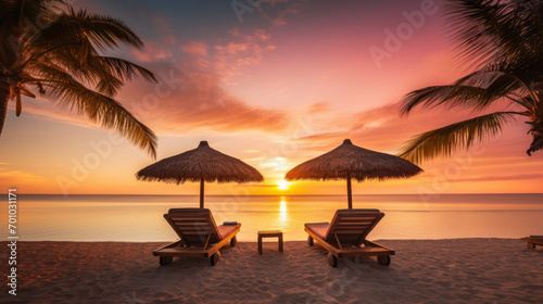 Summer beach landscape. Luxury vacation and holiday concept, summer travel banner. Panoramic landscape of sunset beach, two loungers umbrella, palm leaf, colorful sunset sky for paradise island view.