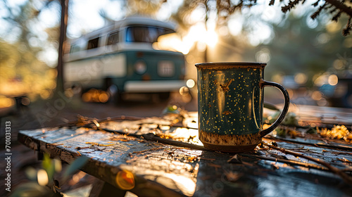 Close up of a camping mug on table with camper van in background 