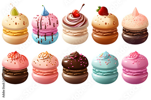 A group of colorful macaroons on transparent background,AI generative. photo