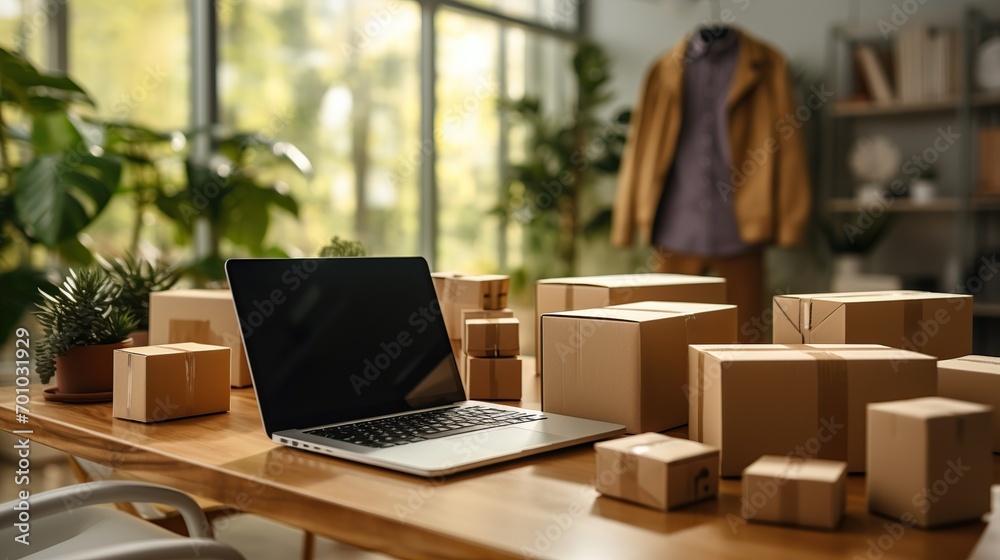 Startup small business, Businessman running an e-commerce small business. Male entrepreneur preparing orders for shipping at the home office, packaging box, ai generative Startup small business, Businessman running an e-commerce small business. Male entrepreneur preparing orders for shipping at the home office, packaging box, ai generative