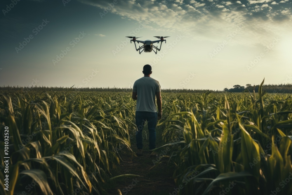 Farmer using drone to irrigate corn field from pests. Fusion of technology and traditional farming methods. - obrazy, fototapety, plakaty 