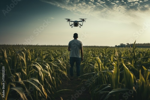 Farmer using drone to irrigate corn field from pests. Fusion of technology and traditional farming methods. photo