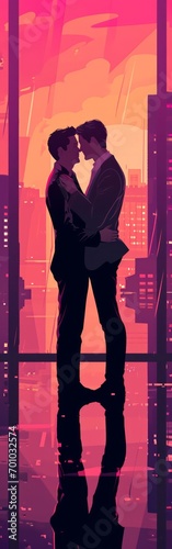 An tall illustration of a gay lgbt couple  colorful vibrant colors  abstract painting of teenagers in classy trend clothes  school student love  romantic kiss and hug in valentines  ai generated.