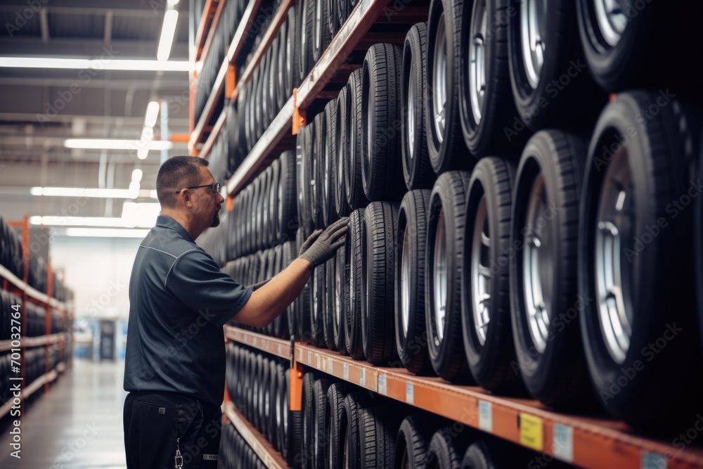 Man chooses car tires on a showcase in storage Man chooses car tires on a showcase in storage