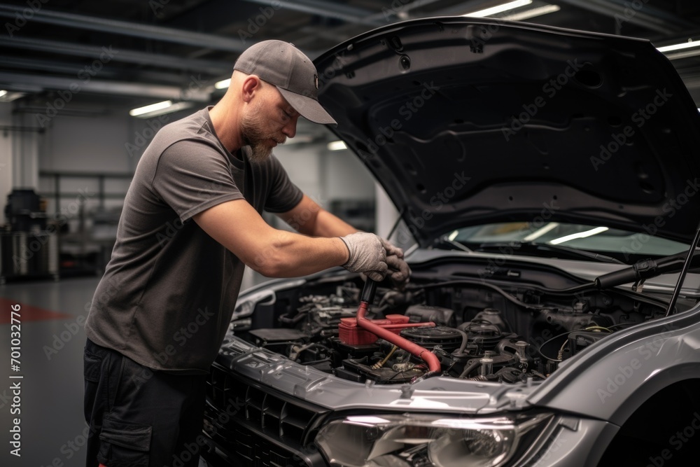 Automotive mechanic repairmen checking the system working engine of the engine room, check the mileage of the car, oil change, auto maintenance service concept