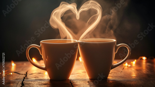 two coffee cups where the steam of the coffe forms the shape of a heart, wedding, valentines day, love, engagement, mothers day